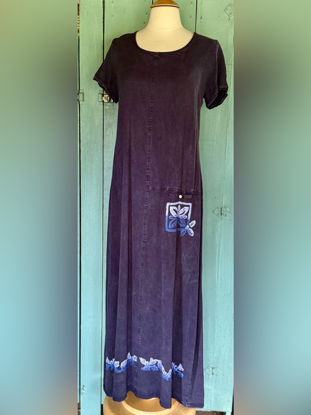 VTG CDC Caren Desiree Co Indigo Blu TENCEL Hand Painted Maxi Dress ShortSlv 10